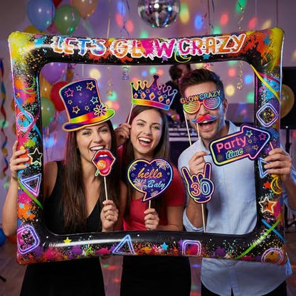 Glow Neon Inflatable Photo Frame & Props, 30Pcs Neon Photo Booth Props with Let's Glow Crazy Inflatable Selfie Picture Frame for Neons Disco Black Light Party Supplies - color: Let's Glow