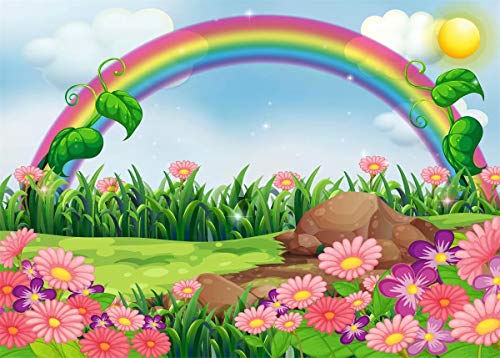 BELECO 10x6.5ft Fabric Rainbow and Sun Backdrop Enchanting Garden with Rainbow Cartoon Spring Photography Backdrop for Party Decoration Birthday Kids Boy Baby Shower Photoshoot Photo Background Props - size: 10x6.5FT