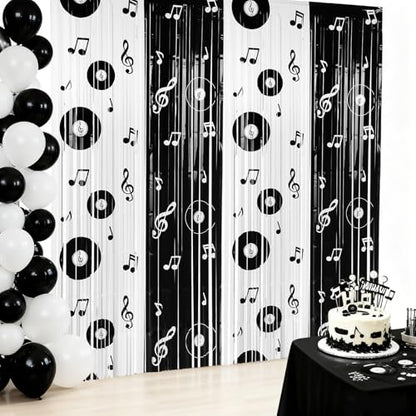 Gilprop 2 Pcs Music Party Decoration Backdrop Curtains Graduation Foil Fringe Musical Background Vinyl Record and Musical Note Curtain for Grad Music Birthday Party Decorations, 3.28 x 6.56ft