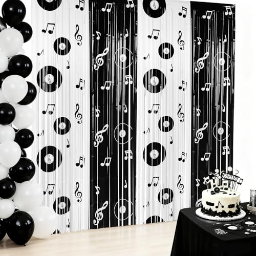 Gilprop 2 Pcs Music Party Decoration Backdrop Curtains Graduation Foil Fringe Musical Background Vinyl Record and Musical Note Curtain for Grad Music Birthday Party Decorations, 3.28 x 6.56ft