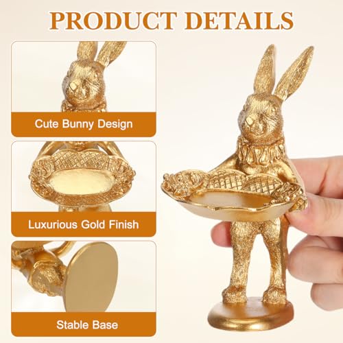 Garneck Gold Bunny Statue Decor: Retro Rabbit Figurine with Oval Plate Jewelry Trinket Dish Ring Tray for Earrings Necklace Bracelet Keys Desktop Nightstand Easter Home