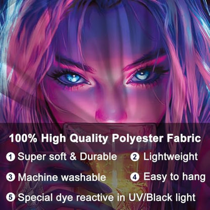 WEBEEDY Black Light Cool Anime Girl Tapestry for Bedroom, UV Reactive Aesthetic Tapestry Glow in The Dark Party Backdrop Decoration for Dorm Living Room Home Photo Shoot Prop (59"x51"/150x130cm)