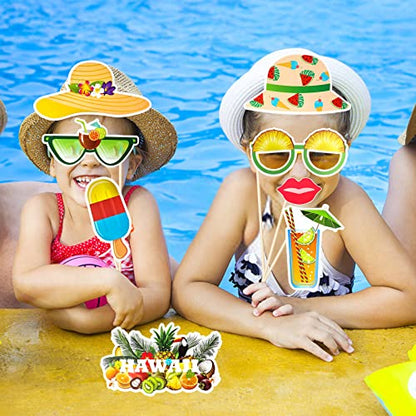 PHOGARY Hawaiian Luau Photo Booth Props Kit, 29pcs Multicolored Tropical Photo Props with Pineapple Pattern for Summer Hawaiian Luau Pool Beach Birthday Wedding Party