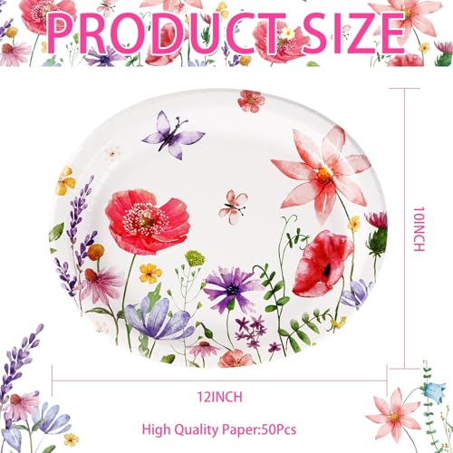 Grencian 50Pcs Floral Oval Paper Plates 10" X 12" Large Disposable Wildflower Plates Heavy Duty Watercolor Flower Platters for Spring Birthday Picnic Wedding Bridal Baby Shower Tea Party Supplies - style: Floral Oval Party Kit