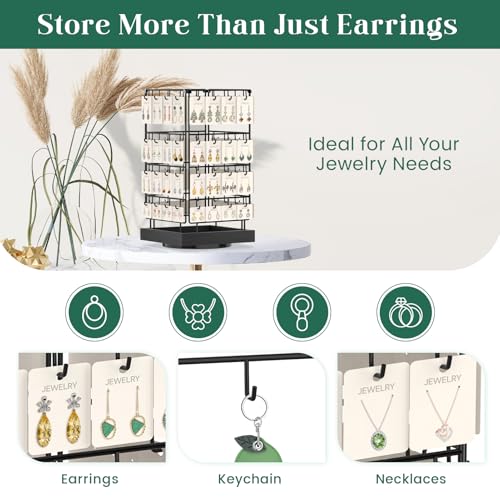 EsLuker.ly Rotating Earring Display Holder Stand for Vendors Events Selling, Large Capacity 64 Hooks Jewelry Rack with Wooden Base for Earring Card Sales, Enhances Retail Visibility - color: Black+Black