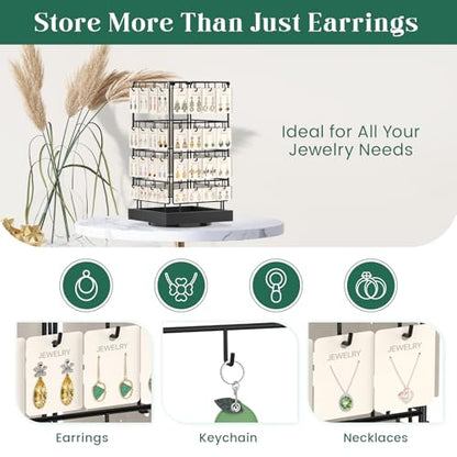 EsLuker.ly Rotating Earring Display Holder Stand for Vendors Events Selling, Large Capacity 64 Hooks Jewelry Rack with Wooden Base for Earring Card Sales, Enhances Retail Visibility - color: Black+Black
