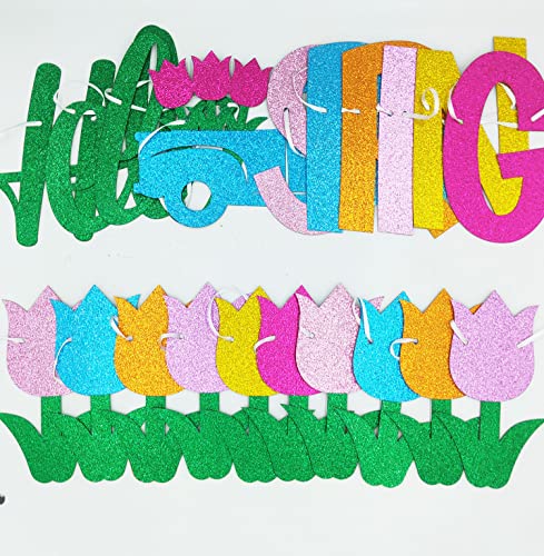 Glitter Hello Spring Banner with Tulip Truck Signs and Colorful Glittery Tulips Banner Hello Spring Flowers Garland Easter Birthday Party Fireplace Mantle Decorations