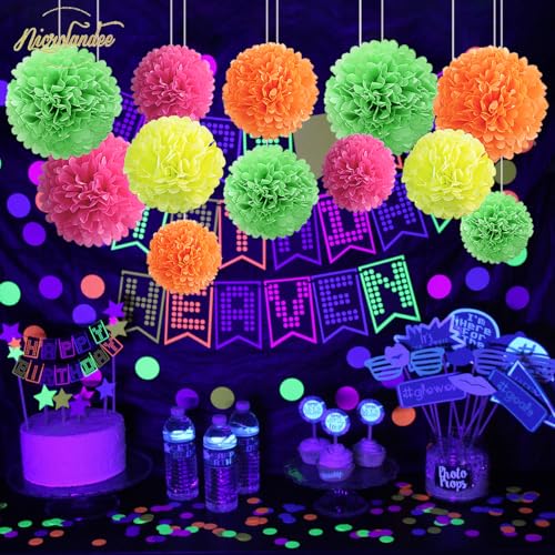 NICROLANDEE Blacklight Party Decorations - 12 PCS Fluorescent Neon Tissue Paper Pom Poms for Birthday, Wedding, Baby Shower, Glow-in-The-Dark, Neon, Prom Dance Party Photography - style: Neon