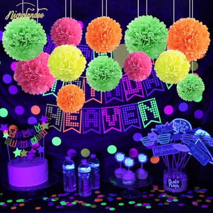 NICROLANDEE Blacklight Party Decorations - 12 PCS Fluorescent Neon Tissue Paper Pom Poms for Birthday, Wedding, Baby Shower, Glow-in-The-Dark, Neon, Prom Dance Party Photography - style: Neon