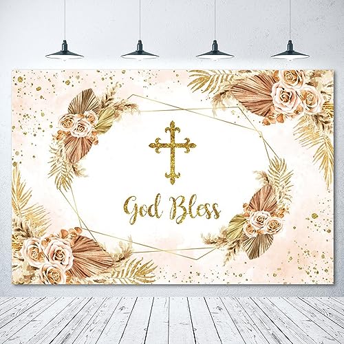 Boho Flowers God Bless Backdrop for Photography First Holy Communion Christening Baptism Photo Backdrop 10x8ft Mi Bautizo Background Girl Baby Shower Party Birthday Decoration Banner Props