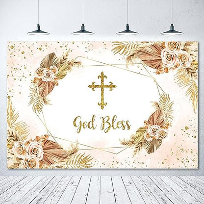 Boho Flowers God Bless Backdrop for Photography First Holy Communion Christening Baptism Photo Backdrop 10x8ft Mi Bautizo Background Girl Baby Shower Party Birthday Decoration Banner Props