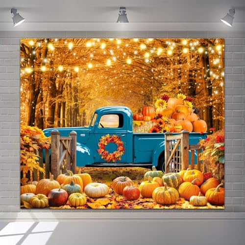 Fall Thanksgiving Backdrop Banner Decorations 10x8ft Autumn Forest Backdrop Pumpkin Harvest Truck Hay Sunflower Photography Background Kids Adults Family Friendsgiving Party Portrait Photo Props