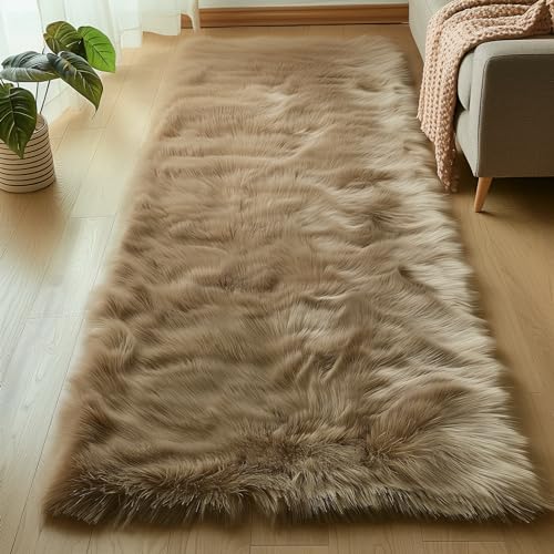 Goolela Furry 2x6 Fluffy Faux Sheepskin Beige Washable Shag Rug for Living Room Bedroom Sofa Cute Room Decor Rectangle - color: Beige, size: 2' x 6' (Rectangular)