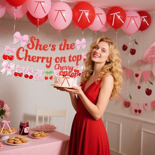 She's The Cherry on Top Baby Shower Backdrop Balloons for Girl Cherry Theme Coquette Bridal Shower Decorations Bow Party Decor Bride to Be Engagement Party Decor Birthday Props