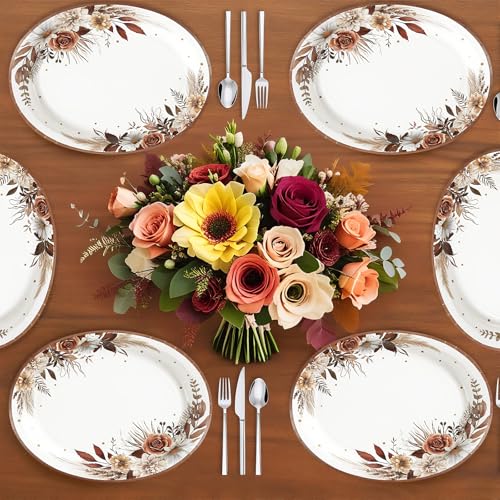 Grencian 50Pcs Fall Boho Floral Oval Paper Plates 10" x 12" Large Disposable Heavy Duty Fall Boho Rustic Dark Flower Tableware Dessert Plates for Autumn Thanksgiving Birthday Wedding Party Supplies - style: Fall Boho Flower Oval Set