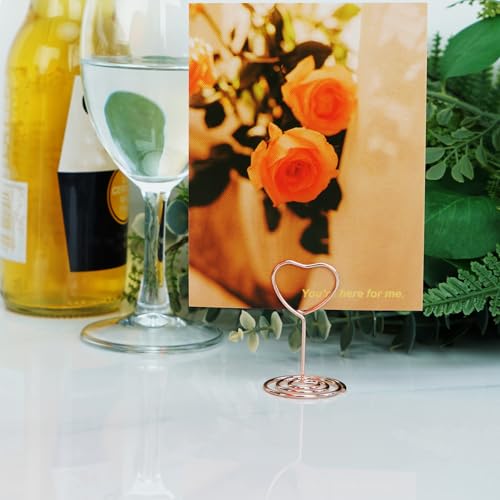 Jofefe 20pcs Mini Place Card Holder, Table Number Holders, Table Card Holders, Table Number Stands, Wire Table Picture Photo Holder with Heart Shaped Menu Clips for Wedding Favors (Rose Gold) - color: Rose Gold