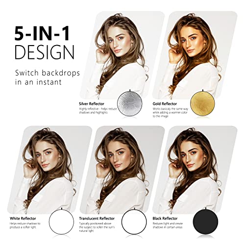 NEEWER 43 Inch/110 Centimeter Light Reflector Diffuser 5 in 1 Collapsible Multi Disc with Bag - Translucent, Silver, Gold, White, and Black for Studio Photography Lighting Outdoor - size: 110cm