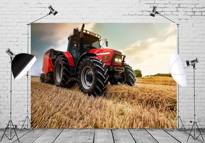 BELECO 5x4ft Fabric Farming Tractor Photography Backdrop Countryside Field Red Tractor Haystack Fall Harvest Photography Background Autumn Themed Party Decoration Photo Studio Props - size: 5x4FT