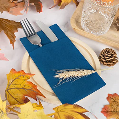 Linen-Feel Navy Blue Paper Napkins, 50 Pcs Cloth Like Dinner Napkins with Built-in Flatware Pocket, Pre-Folded Absorbent Disposable Guest Paper Hand Towels for Bathroom, Weddings Party - color: navy blue