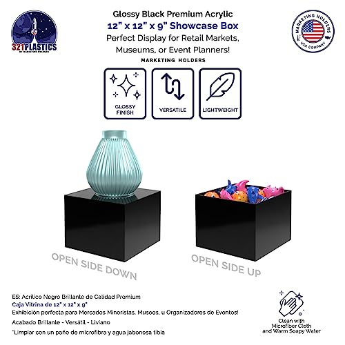 2 Pack Acrylic Box Display Riser 12 x 12 x 9 Inch Black Storage Caddy with One Open Side No Lid Retail Product Riser or Versatile Square Plexiglass Small Merchandise Bin by Marketing Holders - size: 12"w x 9"h Black