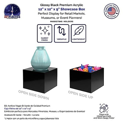 2 Pack Acrylic Box Display Riser 12 x 12 x 9 Inch Black Storage Caddy with One Open Side No Lid Retail Product Riser or Versatile Square Plexiglass Small Merchandise Bin by Marketing Holders - size: 12"w x 9"h Black
