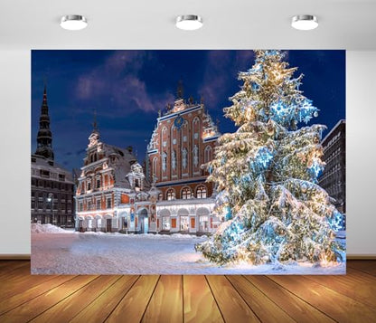 7x5ft Christmas Riga Scenery Backdrop Winter Town Hall Square Snowy Landscape Old Town Christmas Tree Background for Winter Party Decorations New Year Holiday Photo Props Portrait Fabric - size: 7x5FT