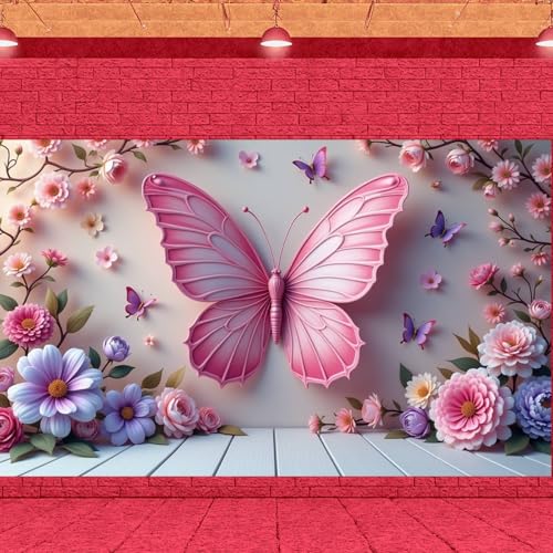 Spring Garden Party Decorations Butterfly Flower Banner Photography Background for Girls Women Bday Party Banner Backdrop Photo Booth Props Decor for Spring Wedding Garden 70.9x43.3INCH