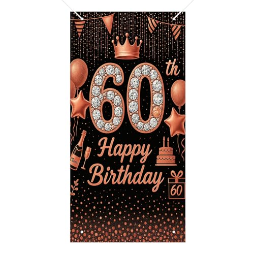 HOMETITUTE 60th Birthday Door Cover 71x35 Inch Happy 60 Birthday Decoration Banner for Women Men Rose Gold Black Glitter Party Backdrop for Party Supplies Wall Front Porch Decor - color: Black and Orange Dots 60