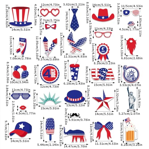 30 Pcs 4th of July Photo Booth Selfie Props Kit for Independence Day Party Game Decorations, American Patriotic Theme Labor Parade DIY Decors Supplies Flag Uncle Sam Hat Lip Style for People Photo