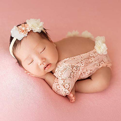 Newborn Lace Romper, 2 PCS Baby Girl Photography Props, Newborn Girl Photography Outfits with Flower Headband for Infants - color: Pink
