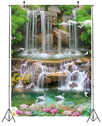 BELECO 6x8ft Fabric Forest Park Waterfall Backdrop Picturesque Swan Lake Lotus Pond Green Trees Scenery Photography Background Wallpaper Spring Summer Holiday Travel Portrait Photoshoot Props - size: 6x8FT