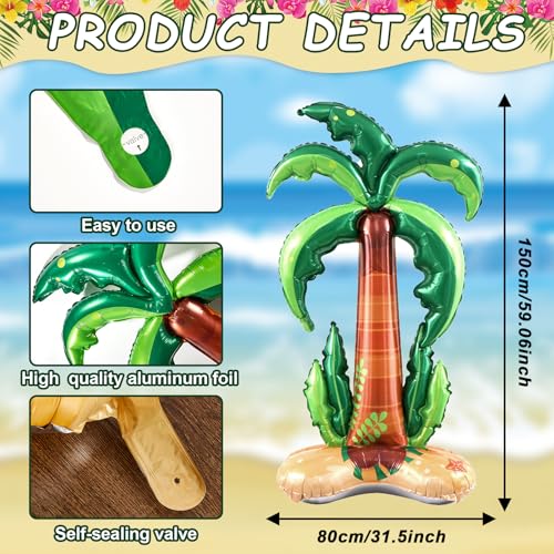 Summer Hawaiian Beach Backdrop for Aloha Luau Party Decor with Inflatable Coconut Tree Foil Balloons Hawaiian Beach Photo Booth Props Banner Palm Tree Balloon for Tropical Sea Palm Birthday Supplies