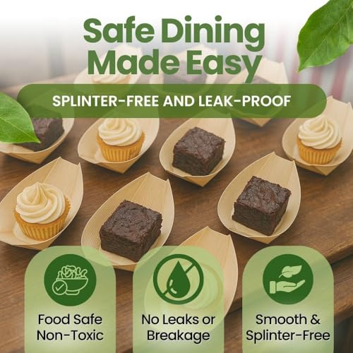 Dtocs Disposable Wooden Boat Plates 100 Pc – 80 mm Biodegradable Wood Serving Boats | Eco-Friendly Food Boats for Sushi, Desserts, Dips, Sauces | Alternate to Plastic, Bamboo, Paper Plates - size: 80mm-100 Pcs