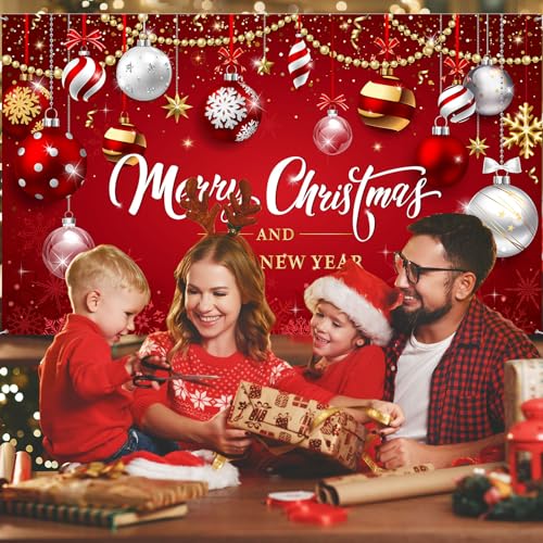 Irenare Christmas Backdrop Merry Christmas Banner Party Decoration Xmas Photography Background Photo Props for Winter Holiday New Year Eve Family Party Decoration Supplies(Ball) - style: Ball