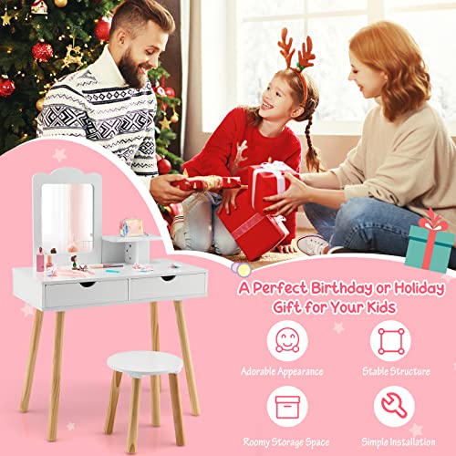 Costzon Kids Vanity Set, Girls Vanity Set with Mirror and Stool, 2 Large Drawers, Storage Shelf, Wooden Princess Makeup Dressing Table, Pretend Play Vanity Table and Chair Set for Toddlers, White - style: White with Square Mirror