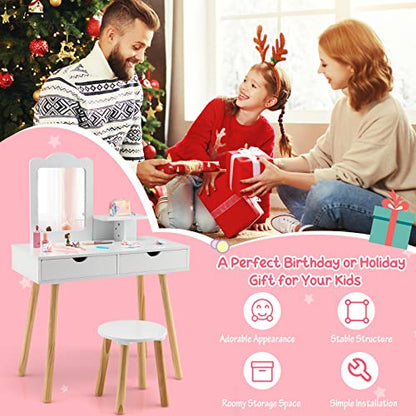 Costzon Kids Vanity Set, Girls Vanity Set with Mirror and Stool, 2 Large Drawers, Storage Shelf, Wooden Princess Makeup Dressing Table, Pretend Play Vanity Table and Chair Set for Toddlers, White - style: White with Square Mirror