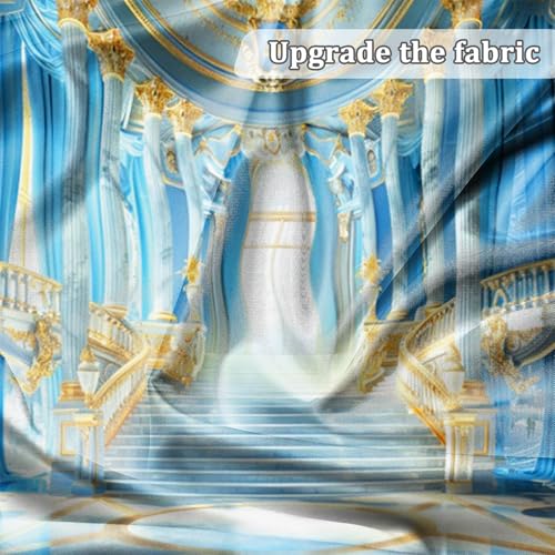 Renaiss Fabric Blue Palace Backdrop Luxury Golden Hall Castle Interior Staircase Masquerade Party Scene Wedding Bridal Shower Background Photo Booth Studio Props 7x5ft - color: XH002, size: 7Wx5H FT