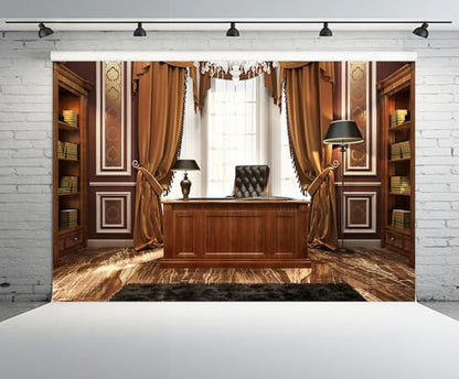 20x10ft Luxury Wood Home Office Backdrop Retro Classic Desk Chandelier Bookshelf Window Library Video Conference Background Business Conversation Room Video Recording Zoom Calls Photo Props - size: 20x10FT