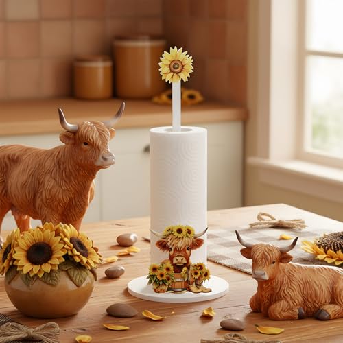 Namalu Highland Cow Sunflower Paper Towel Holder Highland Cow Sunflower Kitchen Decor Kitchen Cute Paper Towel Holder Dispenser for Bedroom Toilet Countertop Decor - style: Highland Cow