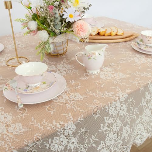B-COOL Ivory Lace Tablecloth 60 X120 Inches Rectangle Vintage Embroidered Bridal Wedding Tablecloths Sheer Overlay for Rustic Outdoor Party Reception Home Decor - color: Ivory, size: 60" x 120" (1 Piece Rectangle)
