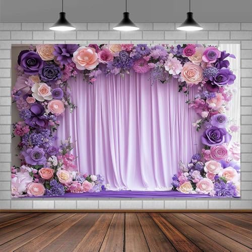 7X5ft Purple Flower Wall Background Photography Lavender Backdrop for Parties Wedding, Girls Birthday Princess Weeding Bridal Shower Purple Floral Anniversary Ceremony Decor. - color: Multi, size: 7X5FT