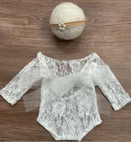 Baby Photography Props Outfit Lace Rompers Newborn Girl Photo Shoot Outfits Flower Headband Princess Costume - color: White