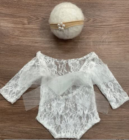 Baby Photography Props Outfit Lace Rompers Newborn Girl Photo Shoot Outfits Flower Headband Princess Costume - color: White