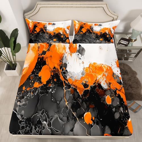 Abstract Art Fitted Sheet Orange Bed Sheets | Ombre Marble Texture Ink Fluid Art Gradient Black Marbling Sheets Queen Size Bed Set - color: Orange, size: Queen