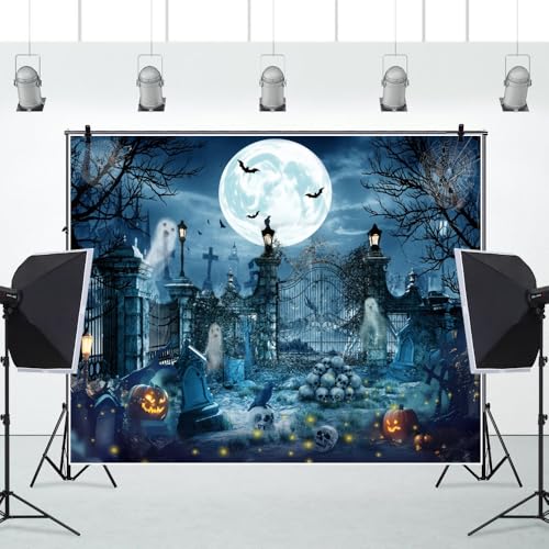 Halloween Backdrop for Photography 10x8ft Scary Cemetery Ghost Skull Full Moon Night Halloween Photo Backdrop Spooky Pumpkin Bat Photography Background Party Decor Kid Adult Portrait Photo Booth Prop