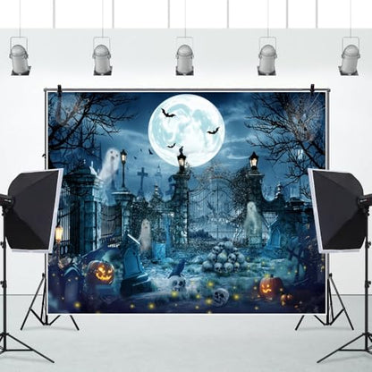 Halloween Backdrop for Photography 10x8ft Scary Cemetery Ghost Skull Full Moon Night Halloween Photo Backdrop Spooky Pumpkin Bat Photography Background Party Decor Kid Adult Portrait Photo Booth Prop