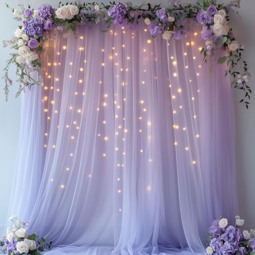 Lavender Tulle Backdrop Curtain with Lights - 10x10ft Sheer Backdrop with 300 LEDs for Wedding, Baby Shower, Bridal Shower, Birthday Party Photo Shoot Background and Home Decorations - color: Lavender, size: 10 x 10 Feet