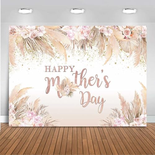 Mocsicka Happy Mother's Day Backdrop Boho Chic Pink Flowers Mothers Day Birthday Background for Women Vinyl Bohemian Pampas Grass Mom's Day Party Cake Table Decorations Photo Booth (10x7ft-2) - size: 10x7ft-2