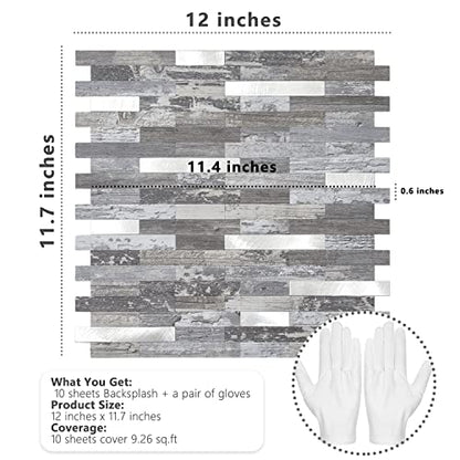 STICKGOO Peel and Stick Backsplash, PVC Wall Tiles Stick on Backsplash for Kitchen(10 Sheets, Distressed Wood with Metal Silver) - color: Distressed Wood with Metal Silver
