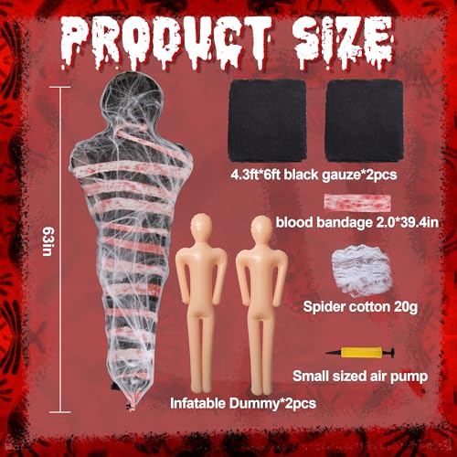 2 Sets Halloween Hanging Cocoon Corpse, 64'' Bloody Inflatable Cocoon Outdoor Decoration Set with Bandage, Scary Dead Body Prop Decor for Outdoor Halloween Party House Yard (Black) - color: Black